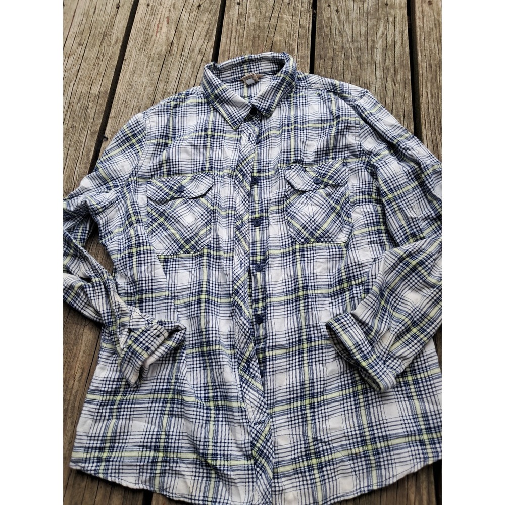 Duluth Trading Womens Xl Blue Lime White Plaid Flannel Collared Shirt Buttons C4